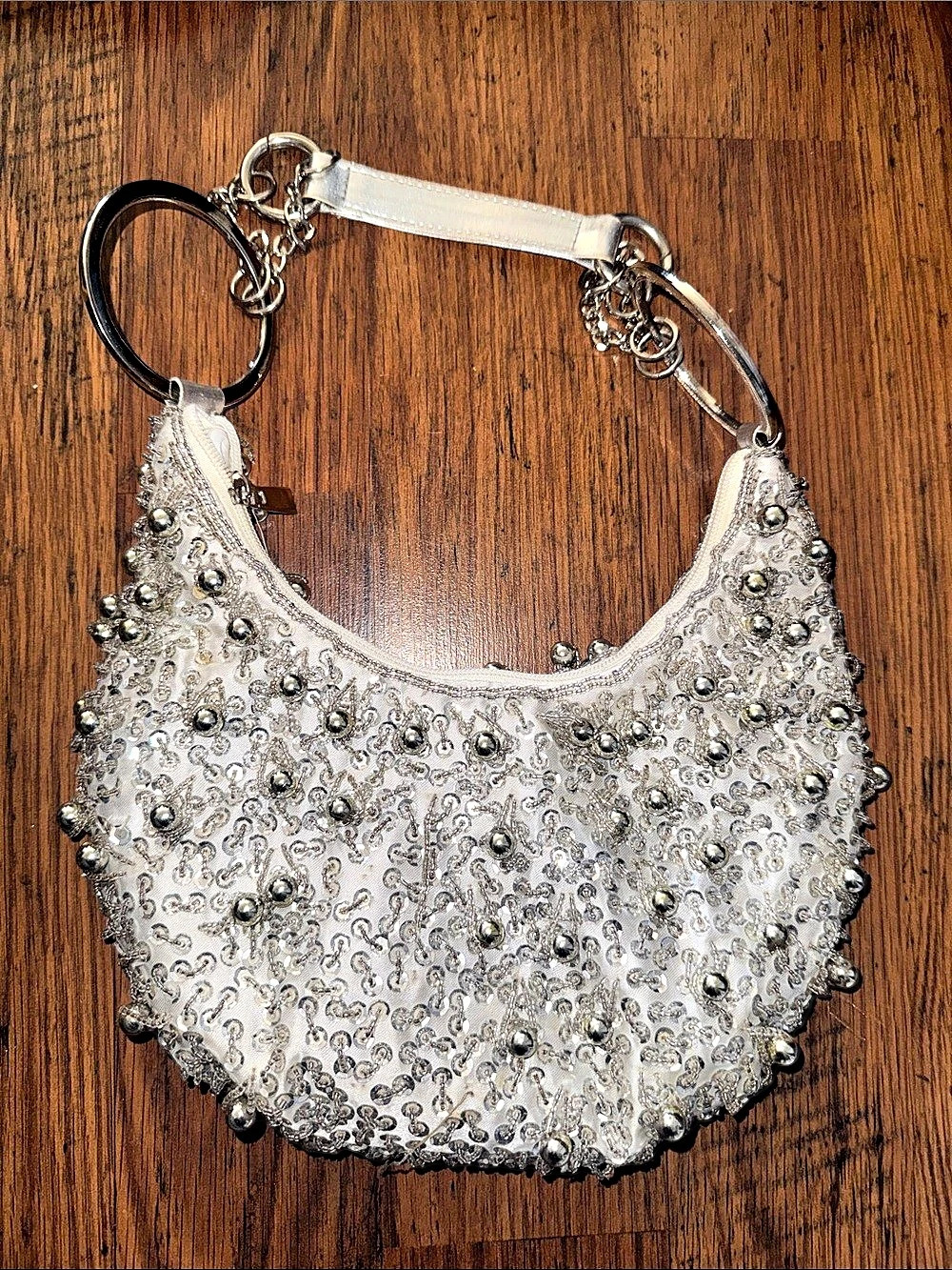 Beaded Sequin Shoulder Bag in White & Silver 45.B1